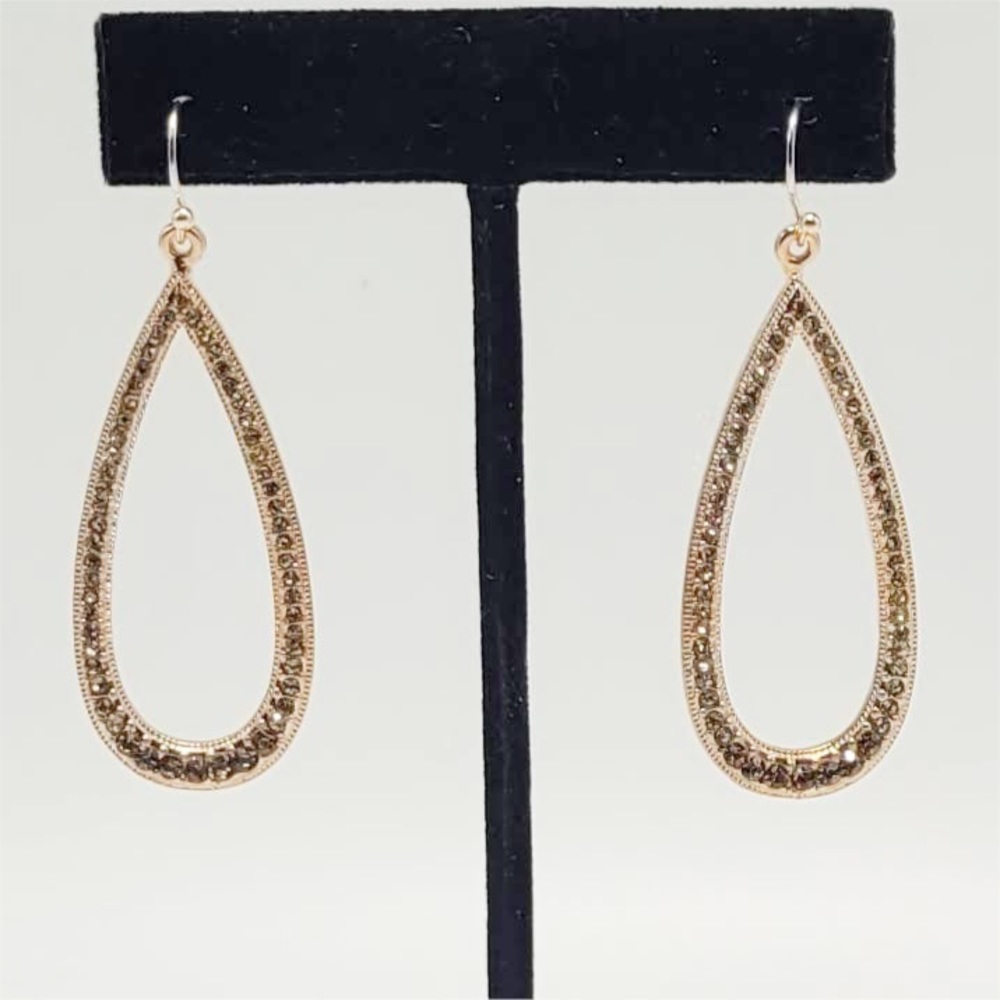 Gold Tone Brown Crystal Teardrop Earrings
